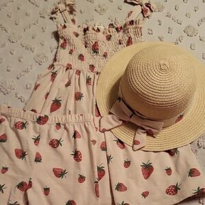Rabbit Bear Organic Strawberry Print Dress and Hat Set Size 6